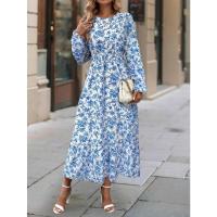 Nuevo vestido estampado con borde con volantes y manga larga con cuello redondo para mujer - details 3