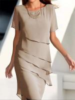 Vestido Chiffon Elegante y Casual para Mujer Cuello Redondo, Manga Corta Desigual, Moda de Verano, Midi Estilo - details 1