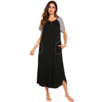 Camisón de algodón elástico de manga corta y largo con bloques de color y bolsillo para mujer, ropa de estar y pijama para primavera/verano - details 9