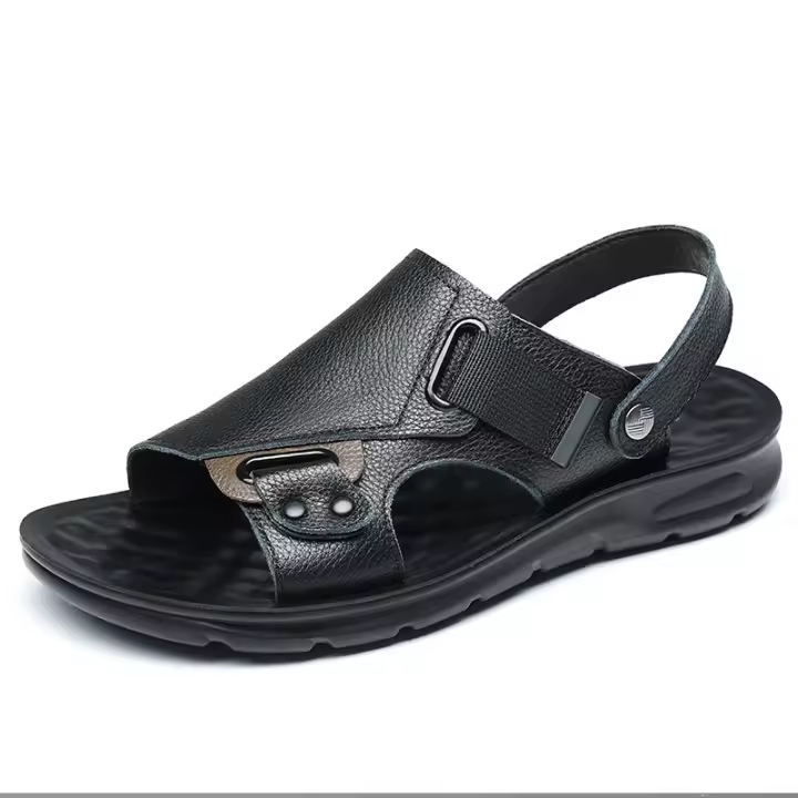 Sandalias de cuero para hombre, zapatos suaves de playa y exterior, planos, color negro, para jardín, 2024 - 1