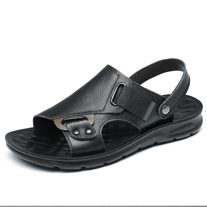 Sandalias de cuero para hombre, zapatos suaves de playa y exterior, planos, color negro, para jardín, 2024 - 1