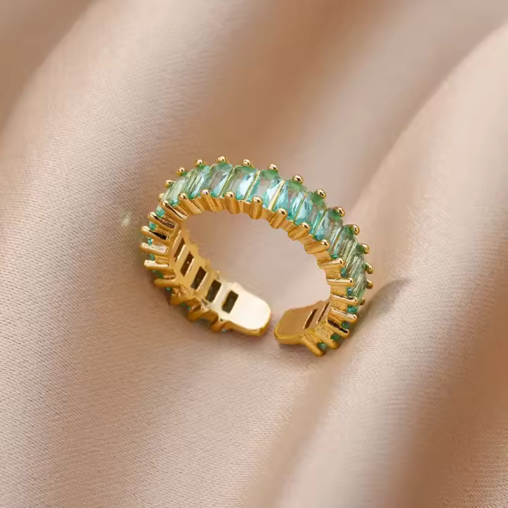 Anillos de circón cúbico de Color dorado para mujer, anillo abierto de acero inoxidable verde de lujo, joyería Bohemia, regalo de fiesta de boda - 1