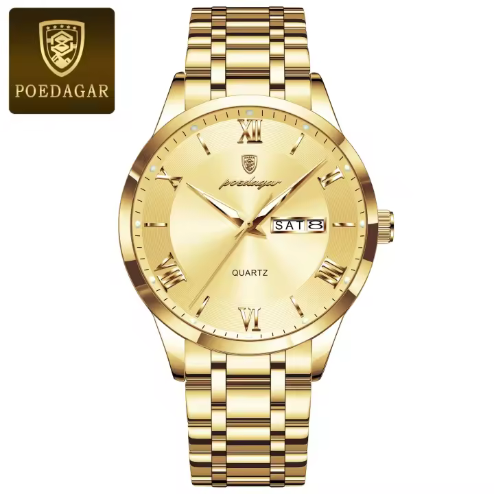 POEDAGAR Reloj de lujo a la moda para hombre, reloj de pulsera deportivo resistente al agua luminoso con fecha de semana para hombre, relojes de cuarzo de acero inoxidable para hombre - 1