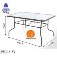 Mesa de jardín de Cristal y Acero |   De 150x90x75 cm |   Resistentes: Cristal Templado, Acero anticorrosión |   para 6 Personas |   para exterior |   Clásico - details 12