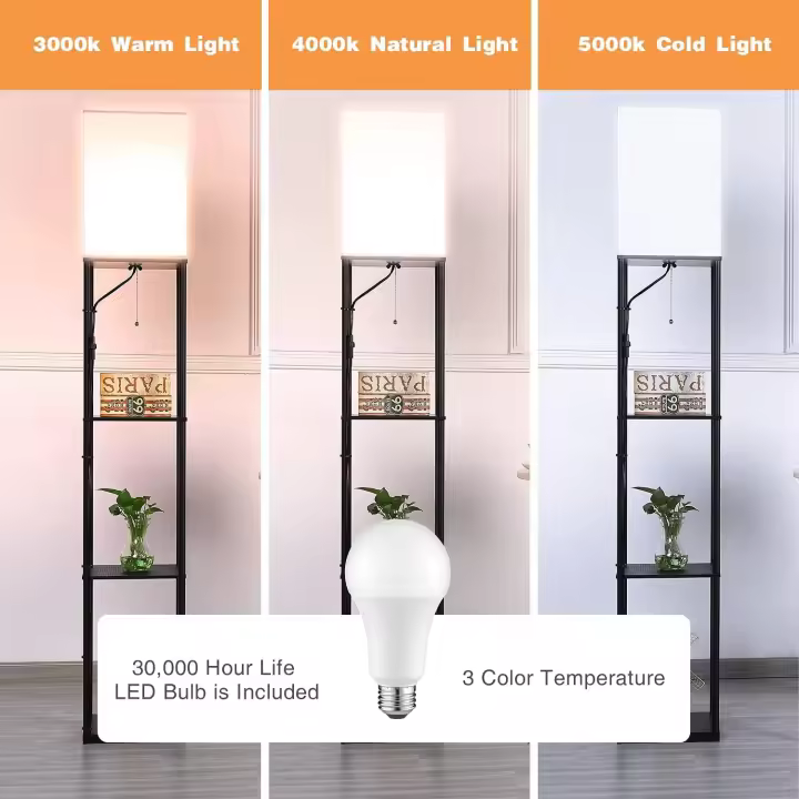 Lámpara de pie moderna con estante de madera, 3 temperaturas de color regulables, lámpara LED de pie para salón, dormitorio, oficina y otras habitaciones, bombilla de 9 W incluida (negro) - 1