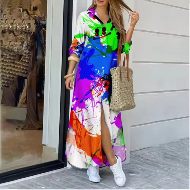 Camiseta de mujer con cuello, estampado de manga larga, corte holgado - 1