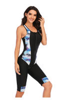 Traje de baño de una pieza con cremallera y bloque de color sin mangas, traje de buceo y surf de piernas de longitud media - details 3
