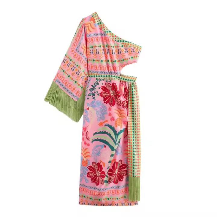 BUNO-Vestido Midi con borla y hombro Diagonal para mujer, cintura elegante, ahuecado, asimétrico, dobladillo Irregular, Vestido de noche de fiesta de verano - 1
