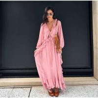 Vestido largo Irregular de gasa con volantes y escote en V profundo para mujer, Vestido holgado liso con mangas abullonadas elegantes, Vestido de calle alta para mujer 2025 - details 5