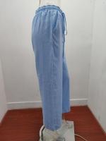 Pantalones de lino para mujer, pantalón ancho de algodón elástica con cordón cintura alta, pantalón largo informal para verano - details 2