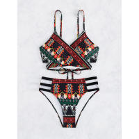 Traje de baño de dos piezas con lazo cruzado frontal para mujer, traje de baño de bikini sexy estampado de estilo étnico - details 9