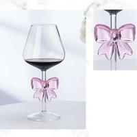 1 pieza de copa de vino roja transparente decorada con lazo rosa grande, copas de champán, copas de vino - details 6