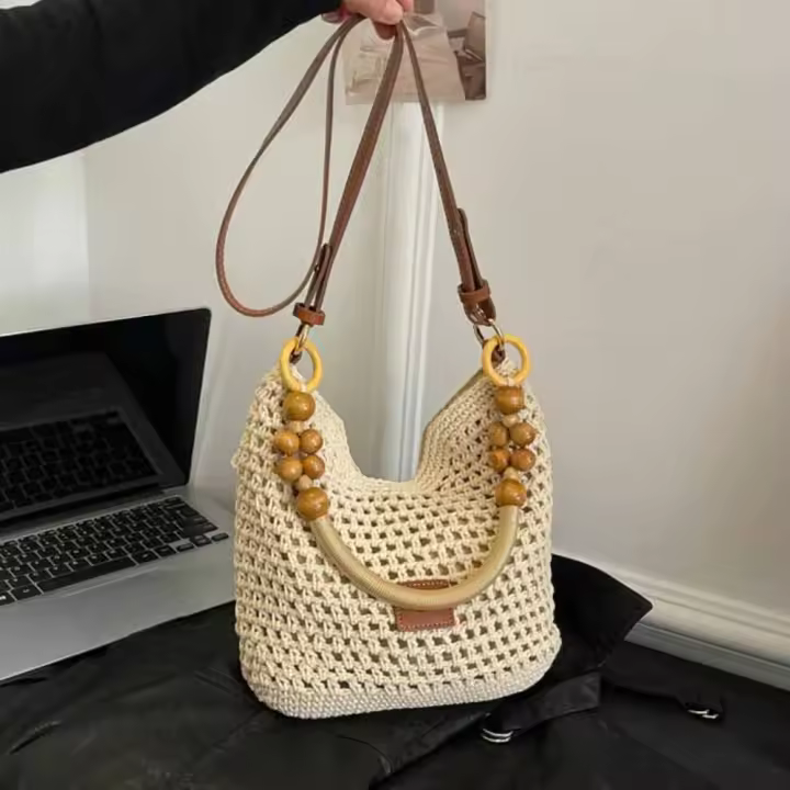 Bolso tejido de playa hueco, bolso de mano para playa, bolso de playa bohemio, bolso de cubo, bolso de hombro hueco de gran capacidad para compras - 1