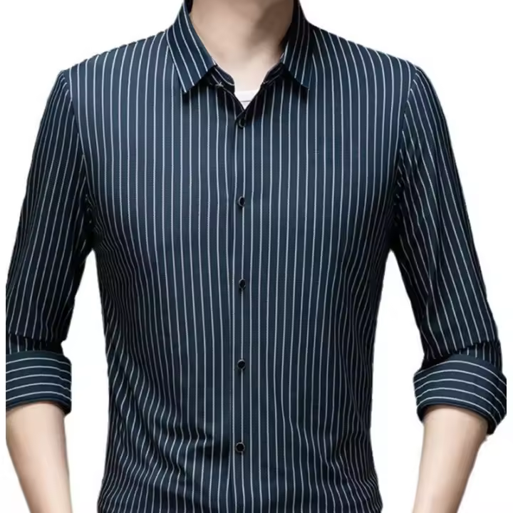 Otoño nuevos hombres de manga larga con rayas verticales, tendencia, rastro, sin planchar, camisa casual de negocios de mediana edad - 1