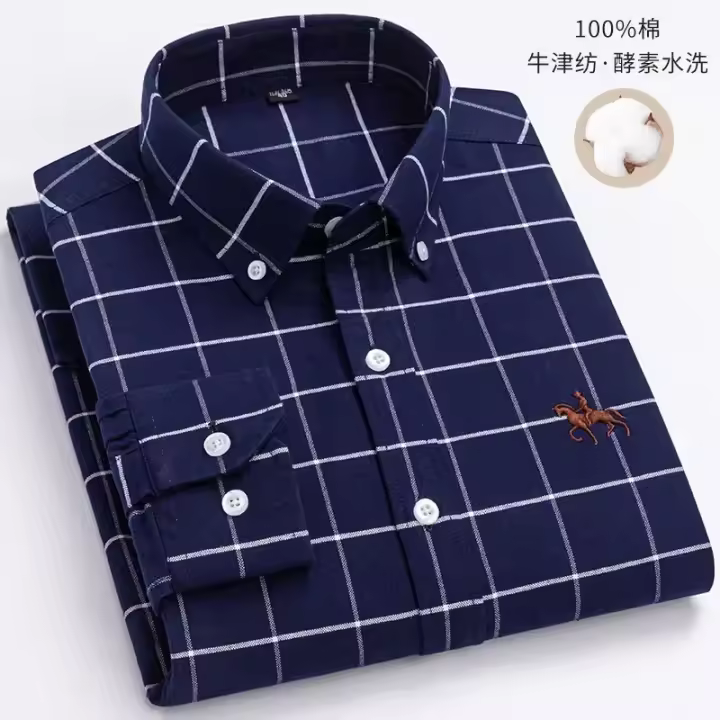 hombre manga larga ropa hombre S~7XL 100% algodón puro Camisa giratoria Oxford de manga larga para hombre Ocio de negocios Bolsillo bordado Slim Fit Estilo de botón Suave Med - 1