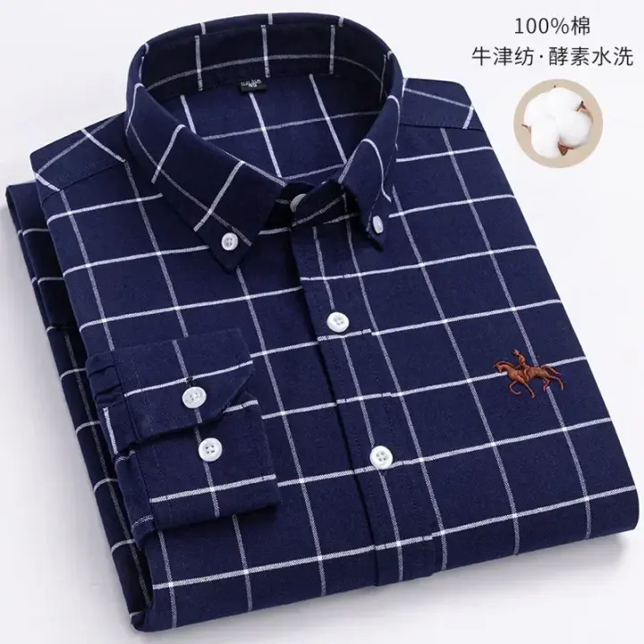 hombre manga larga ropa hombre S~7XL 100% algodón puro Camisa giratoria Oxford de manga larga para hombre Ocio de negocios Bolsillo bordado Slim Fit Estilo de botón Suave Med - 1
