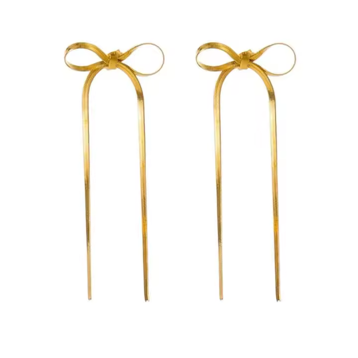 Pendientes largos de acero inoxidable con lazo para mujer coreana, oro, regalo de joyería, 1 par - 1