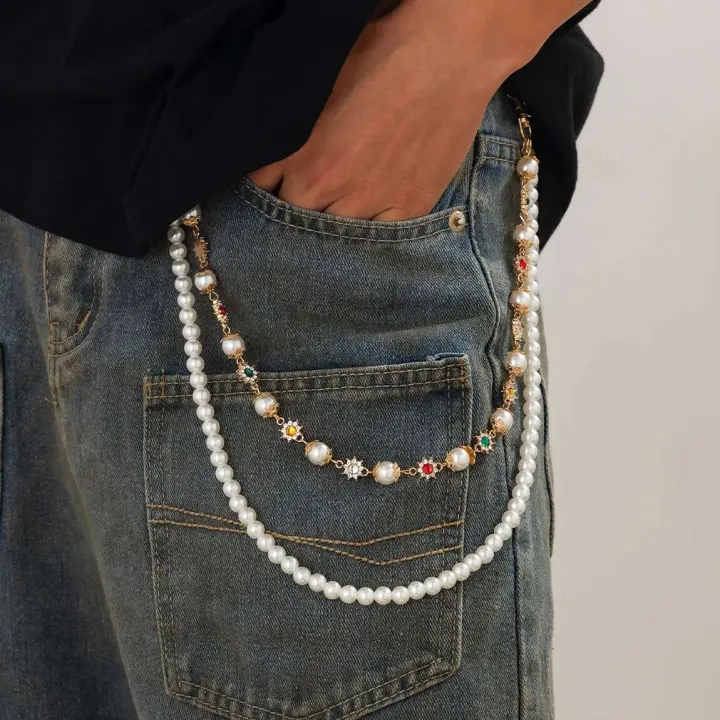 Ingemark Simple imitación perla Rhie cintura hombres Vintage cuentas de Color dorado Jeans llavero cadena Hip-hop joyería regalo - 1