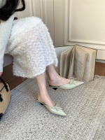 Bolsa de arco de tacón grueso cabeza media zapatillas zapatos de hadas nuevo satén temperamento francés media bandeja zapatos individuales - details 14