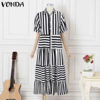 Vestido de mujer 2025, vestido veraniego a rayas bohemio, Vestidos con volantes de verano, VONDA, informal, holgado, con cuello de solapa, estampado, bata con cinturón de gran tamaño - details 8