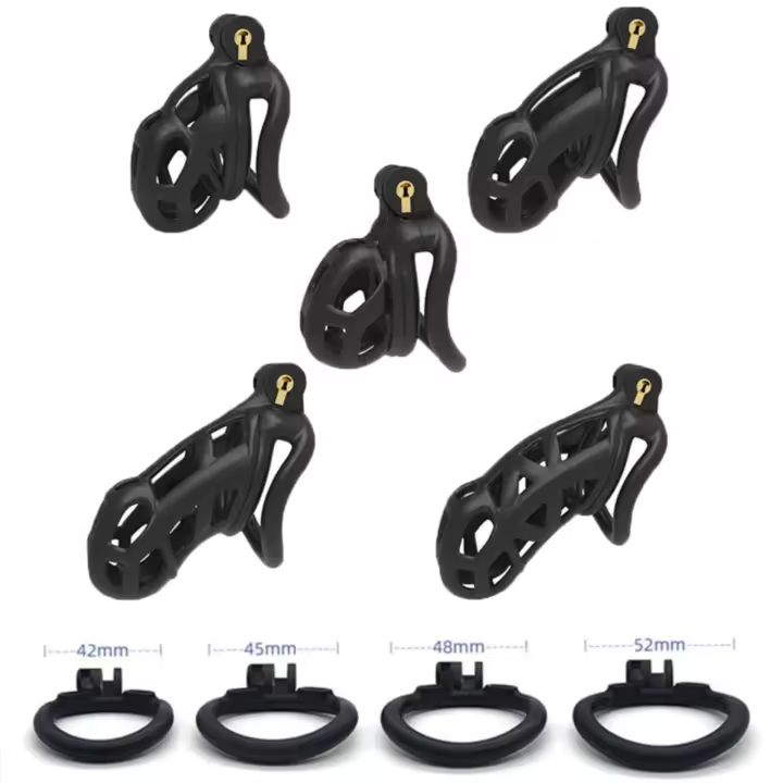 Dispositivo de castidad masculina, jaula con 4 anillos, candado, jaula para pene, correa de sujeción, juguete fetiche masculino - 1