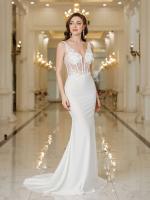 Elegante Vestido de Novia Sirena Blanca Perlas de Encaje Sin Mangas con Cuello en V para Fiesta Formal - details 4