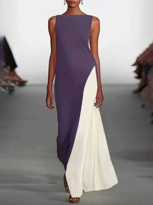Vestido Maxi de Verano sin Mangas Yeezzi para Mujeres Elegante y Suelto con Cuello Redondo y Contraste de Color - 1