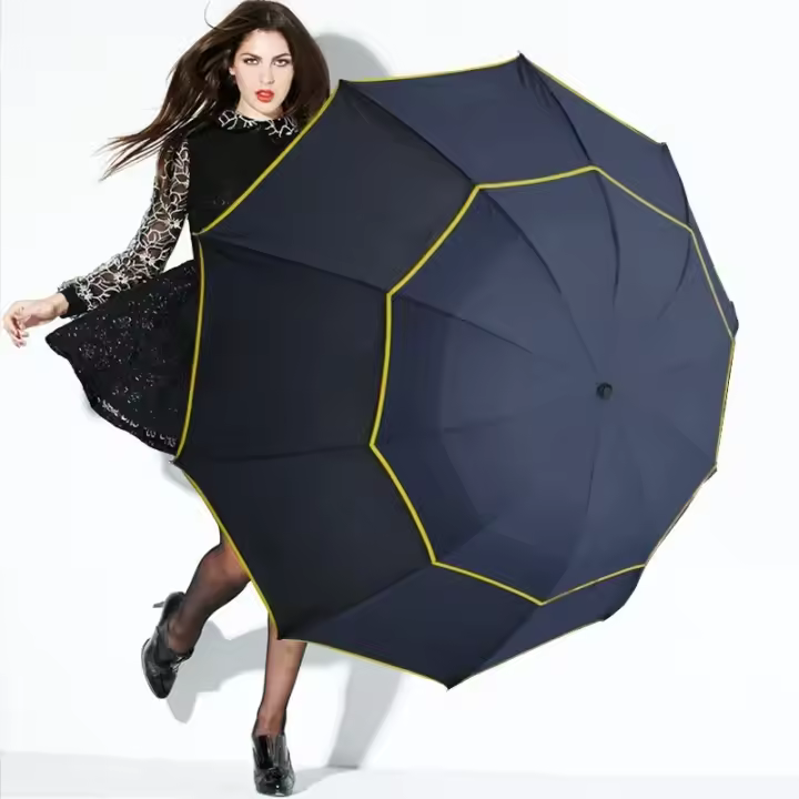 Paraguas grande de doble capa para hombre y mujer, sombrilla resistente a la lluvia y al viento, portátil, 3 pliegues, 130cm - 1