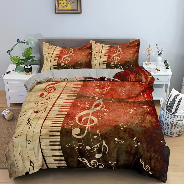 Funda de edredón Juego de cama musical Teclado de piano Nota musical Funda nórdica Ropa de cama tamaño queen Edredón Microfibra Guitarra Juegos de cama de poliéster - 1