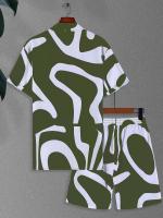 Conjunto Casual de Verano Camiseta y Pantalones de Poliéster 100% Cuello de Lengua, Tela Tejida No Elástica Impresión a Rayas Irregulares Ajuste Regular 120g/m² - details 5