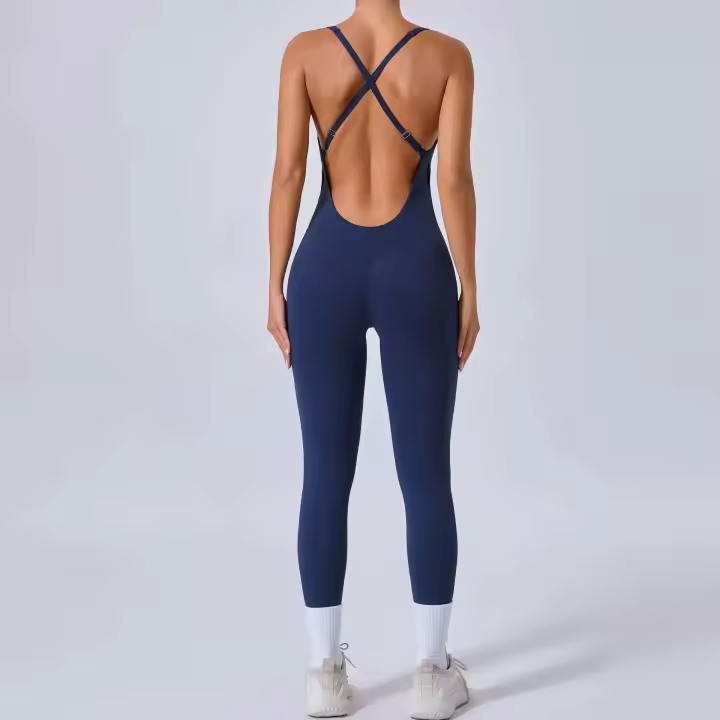 Conjunto de gimnasio para mujer mejorado con acolchado, traje de yoga, ropa deportiva, azul marino beige, 2024 - 1