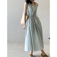 Vestido coreano con cintura con cordón para mujer, vestido sin mangas adelgazante con cuello redondo de verano - details 2