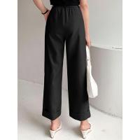 Pantalones de mujer de cintura alta negros de pierna ancha fluidos con bolsillos algodón de calidad Original - details 3