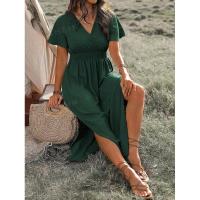 Vestido largo de verano 2024 de color sólido con cuello en V, manga acampanada, cintura elástica, adelgazante y con abertura. - details 27