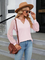 Camiseta holgada de manga larga para mujer, blusa informal de Color liso con costura de encaje y cuello en V, moda de primavera y otoño, 2023 - details 6