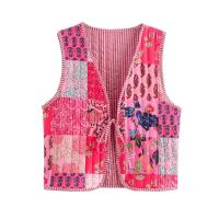 Ropa de otoño de 2024, mujer floral rosa, estampado de anacardo superior, chaleco vintage abotonado, chaleco acolchado para mujer con lazo frontal - details 19