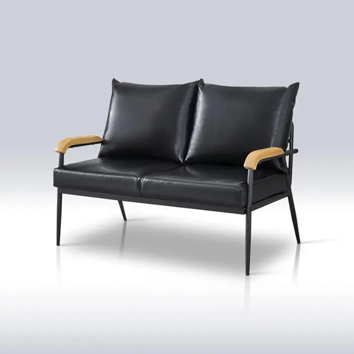 Sofá de 2 plazas de piel sintética suave con reposabrazos de madera maciza y estructura de metal, sofás para sala de estar, recepción, muebles de oficina, color marrón oscuro - 1