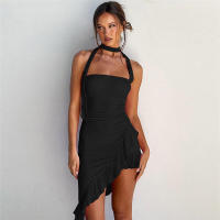 BUNO-minivestido asimétrico con cuello Halter para mujer, minivestido liso con hombros descubiertos, sin mangas, con costuras de encaje, ropa concisa de fiesta para mujer - details 9