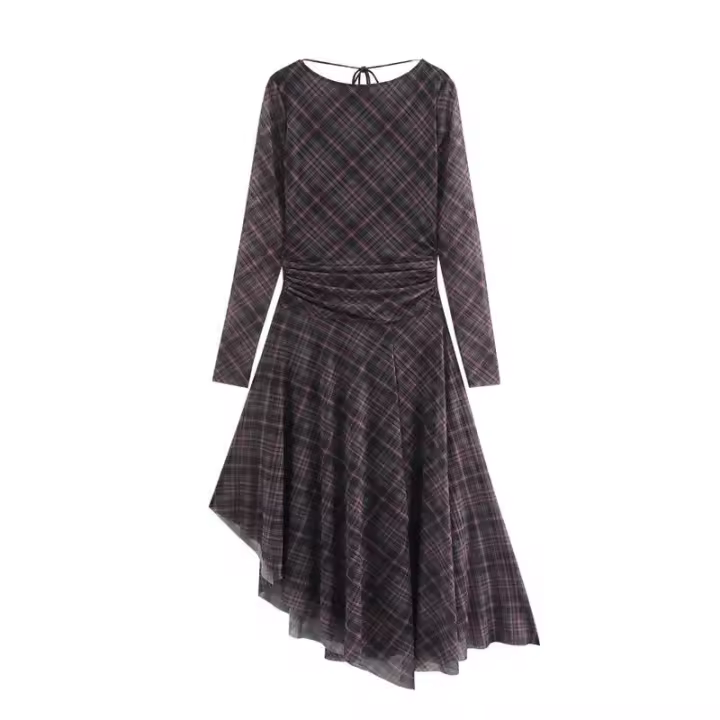 Moda elegante para mujer primavera nueva señora cuello redondo, falda midi, estampado clásico de otoño - 1
