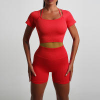 Top de yoga para mujer deportiva sin costuras FKAFIT manga corta cintura alta ropa de gimnasio con diseño sólido material de nylon talla ajustable - details 6