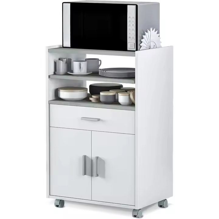 Mueble Auxiliar de Cocina con Ruedas, Mueble Microondas, Armario con 1 Cajón y 2 Puertas, Acabado en Blanco Artik y Cemento, Medidas: 59 cm (Ancho) x 92 cm (Alto) x 40 cm (Fondo) - 1