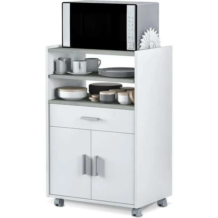 Mueble Auxiliar de Cocina con Ruedas, Mueble Microondas, Armario con 1 Cajón y 2 Puertas, Acabado en Blanco Artik y Cemento, Medidas: 59 cm (Ancho) x 92 cm (Alto) x 40 cm (Fondo) - 1