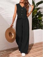 Conjunto de lino para mujer Verano 2025 Chaleco con botones y cuello en V y pantalones de pierna ancha - details 7