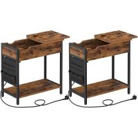 Mesa Auxiliar con Multienchufe, Juego de 2, Mesa Lateral Estrecha con Puertos USB, Sacos, Mesita de Noche, para Salón, Dormitorio, Marrón Rústico y Negro - details 0