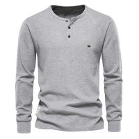 Camiseta de manga larga con cuello Henry para hombre, camisa de manga larga con diseño de gofres, color sólido, para otoño e invierno, talla europea - details 4
