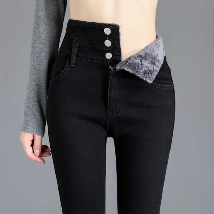 Pantalones vaqueros térmicos de lana gruesa para mujer, Vaqueros ajustados cálidos de cintura alta, pantalones pitillo con botones elásticos, pantalones vaqueros informales de terciopelo para mamá - 1