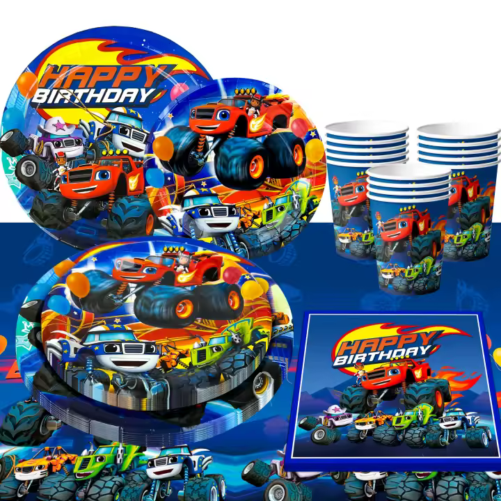 Suministros para fiestas de cumpleaños de Monster Truck, juego de vajilla de Monster Truck - Platos de cumpleaños de Monster Trucks, servilletas, vasos de papel y mantel de Monster Truck, etc. Suministros para fiestas de Monster Truck para niños - 1
