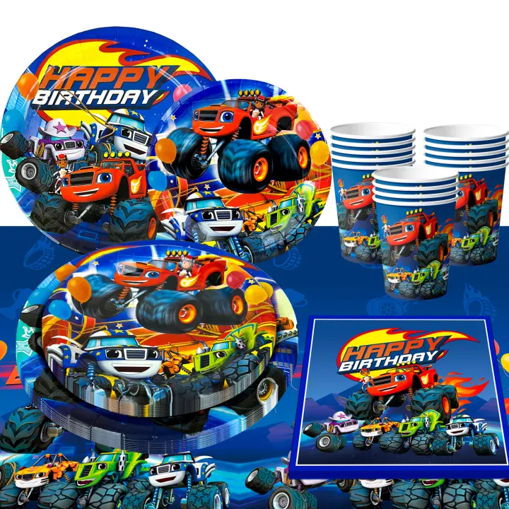 Suministros para fiestas de cumpleaños de Monster Truck, juego de vajilla de Monster Truck - Platos de cumpleaños de Monster Trucks, servilletas, vasos de papel y mantel de Monster Truck, etc. Suministros para fiestas de Monster Truck para niños - 1