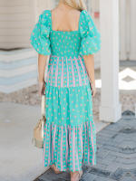 Vestido bohemio de mujer con manga abullonada, cuello cuadrado, estampado floral, vestido largo y fluido - details 6