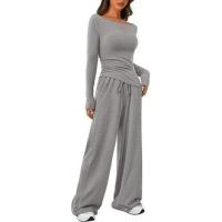 Conjunto de otoño Camiseta asimétrica de manga larga Pantalones de pierna ancha Traje informal Chándal - details 35